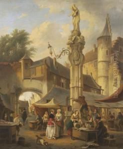 Europeanmarket Scene With Numerous Figures About A City Square. by Henri Jos. Gommarus Carpentero