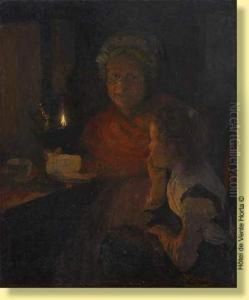 Jeune Fille Apprenant A Lire A La Lueur by Evariste Carpentier