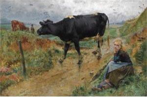 A Shepherdess And Her Cow by Evariste Carpentier