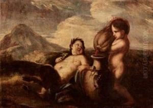 Satiretto E Putto In Atto Di Versare Vino by Giulio Carpione