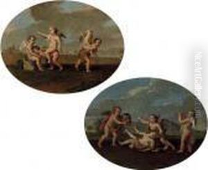 Putti Playing Piggy-back-ride In
A Landscape; And Putti Playing With A Mask And Playing The Trumpet by Giulio Carpione