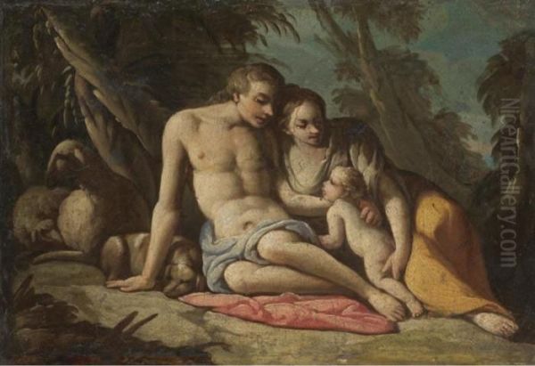 A Shepherd Family Resting In A Wooded Landscape - view 1