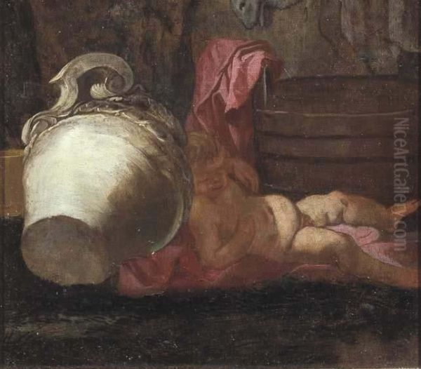 Putto Ebbro Sdraiato Presso Un Vaso E Un Tino - view 1