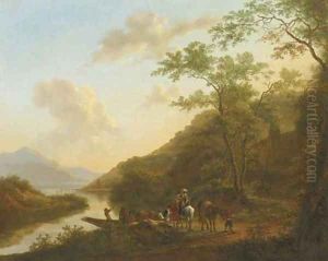 An Italianate river landscape with travellers by a ferry An Italianate river landscape with travellers by a ferry