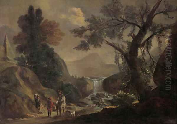 Falconers and a traveller on a path, by a torrent landscape - view 1