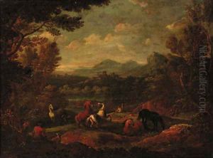 A wooded landscape with horses before a river by Joachim-Franz Beich