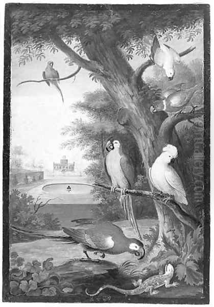 Parrots and a Lizard in a palatial Garden - view 1