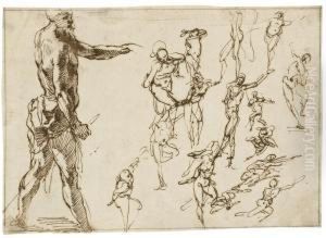 A Standing Man In Profile
Holding A Spear, With Smaller, Rapidlystudied Nude Figures To The Right by Agostino Carracci