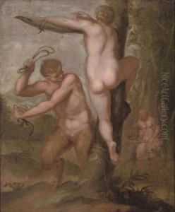 A Satyr Whipping A Nymph by Agostino Carracci