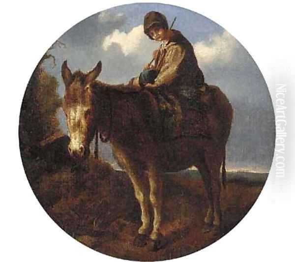 A young boy on a donkey - view 1