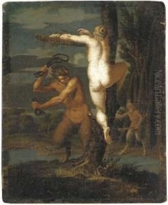 A Satyr Flogging A Nymph by Agostino Carracci