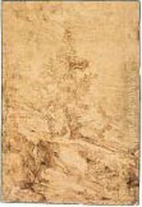 A Mountainous Landscape With Trees. by Agostino Carracci