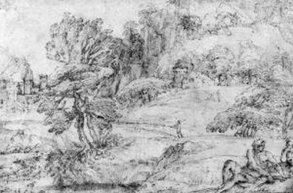 An Extensive Mountainous
Landscape With Two Figures In Theforeground And A Castle By A River - view 1