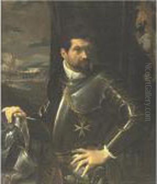 Portrait Of Carlo Alberto Rati
Opizzoni In Armour, Three-quarter Length Standing, Wearing The Order Of
The Knights Of Malta, A View Of The City Of Bologna Beyond - view 1