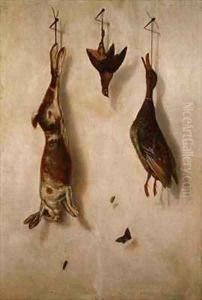 Still-life of dead game hanging on a wall by F.A. Brandel