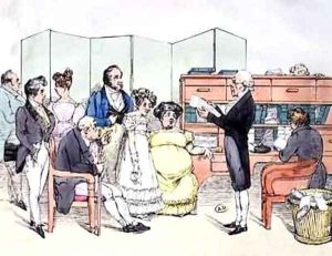 Thanks to the dowry, reading a marriage contract at the lawyer office by Frederic Bouchot