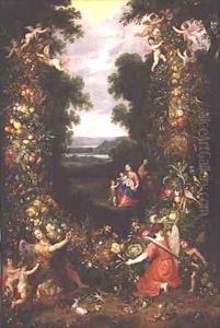 Holy Family in a landscape with a garland of fruit and vegetables