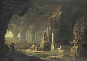 A grotto with figures by a fountain by Johann Georg Bohm