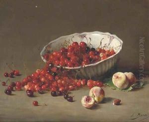 Peaches and cherries cascading from a French faience bowl by Leon-Alfred Benoit