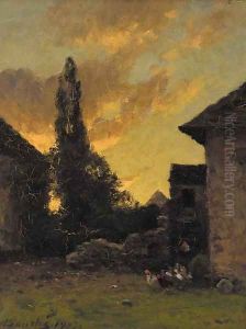 Poultry in a farmyard at sunset