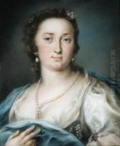 Portrait Of A Lady, Bust-length, In A Silver Dress With A Blueshawl by Rosalba Carriera