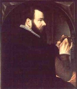 Self portrait holding a wax portrait medallion by Willem van den Broecke