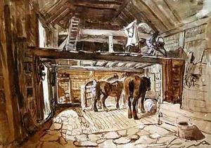 Interior of a Stable, with Two Horses Feeding by William Burgess