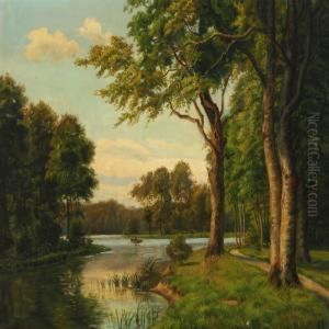 A Danish Summer Landscape With Rowing Boat On A Forestlake by Carsten Henrichsen