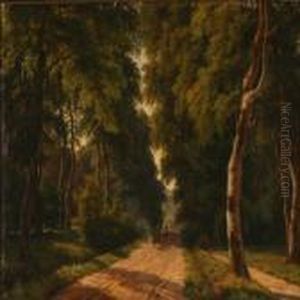 Forest Scene With A Farmer On His Horse Cart