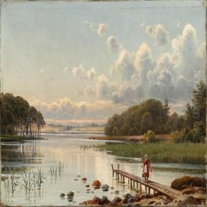 A Woman Carrying Water At The Shore Of Furesoen Lake, Denmark