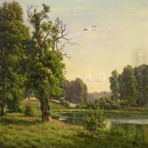 Scenery With Lakeand A Pair Of Nesting Storks by Carsten Henrichsen