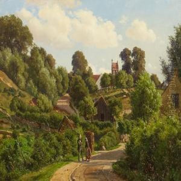 A Village Scenery With Man And Woman Talking, In The Background Church - view 1