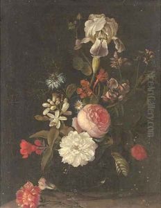 Carnations, narcissi, roses, an iris and other flowers in a glass vase on a ledge by Elias van den Broeck