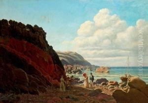 View From A Rocky Coast With Persons. Signed C. H. 1881
