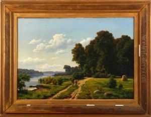 A Summer Day With A Lake And Ramblers. Signed Mono C. H. Dated 1868