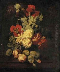 Roses and other flowers in a vase on a ledge by Elias van den Broeck