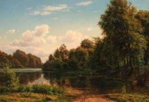 A Wooded River Landscape With A Fisherman And Figures By A Landingstage