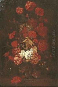 Roses and other flowers in a glass vase on a ledge by Elias van den Broeck
