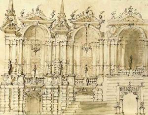 Design for an elaborate facade with three bays by Ferdinando Galli Bibiena