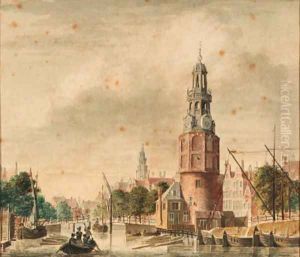 A view of the Oude Schans with the Montelbaanstoren, Amsterdam, the tower of the Zuiderkerk beyond by Jan De Beijer