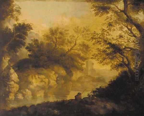 An angler in a wooded river landscape, a ruined castle beyond - view 1