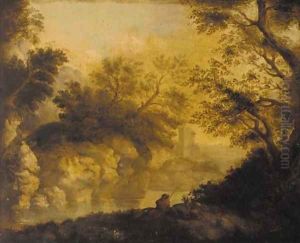 An angler in a wooded river landscape, a ruined castle beyond by John Butts