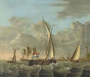 Shipping on choppy waters near the coast with a village beyond by Nicolaas Baur