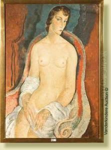 Femmenue Assise Dans Un Fauteuil, Gouache Sur Papier Colle Surcarton