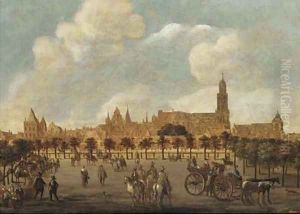 Figures in a park, Utrecht with the Dom Kerk and the Buurkerk beyond by Sybrand Van Beest
