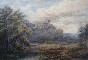 A View Of Haddon Hall, 
Derbyshire From The Water Meadows, Where Cattle Graze, A Woman 
Collecting Faggots In A Wood