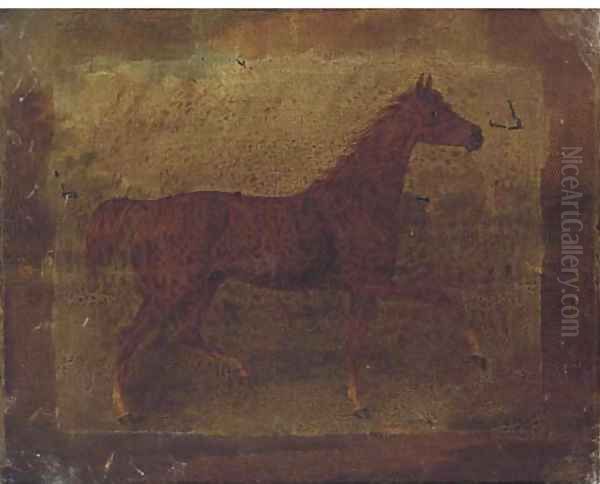 A chestnut horse in a landscape; and A bridled bay horse in a stable - view 1