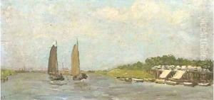 Sailing vessels on a river by Carl August Breitenstein