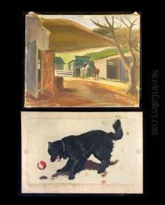 Three Horses By A Stable; A Black Dog With A Ball, 1942 (2) by Pruett Carter