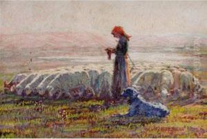 Bergere Et Son Troupeau by Eugene Cartier